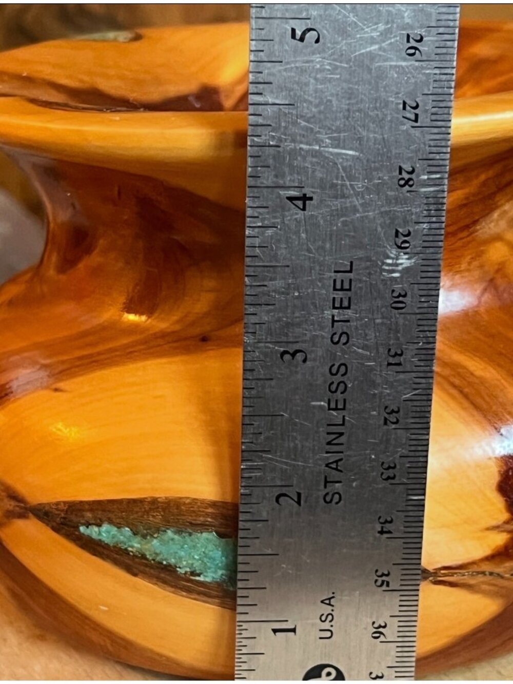 Dick Hager Wood  Vessel Red Cedar w/ ground Turquoise Inlay & Resin 6.5" D READ - Picture 13 of 16